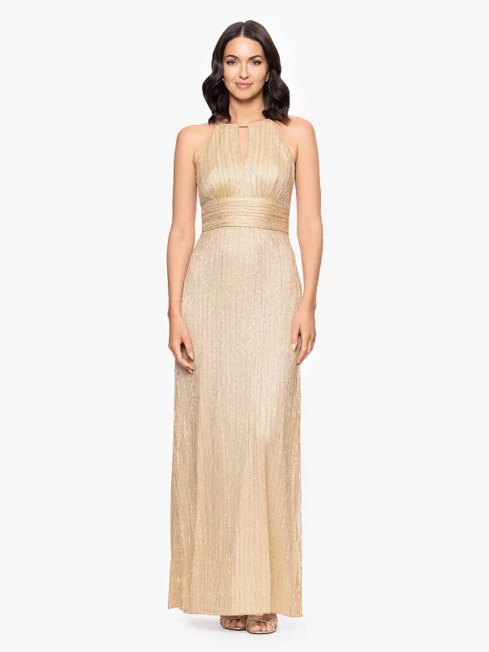 Women's BA Nites Metallic Foil Keyhole Gown, Size: 14, Gold Faux Sequin